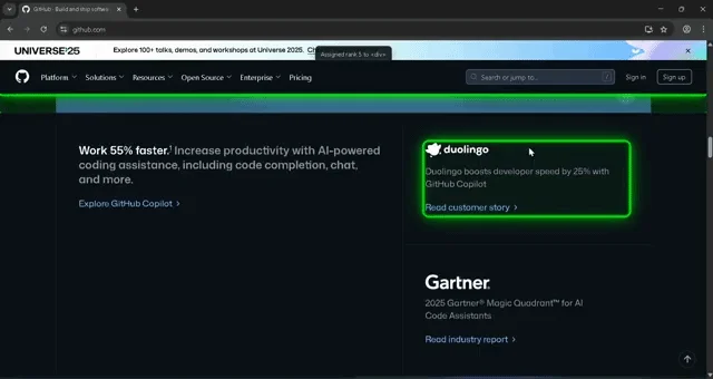 Insight UI outlining the part of the GitHub homepage the viewer is looking at in glowing green
